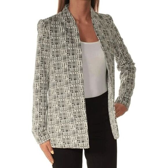 CALVIN KLEIN Classy Blazer Open Jacket Black White Jacquard Textured Stretch Bla - Picture 3 of 6